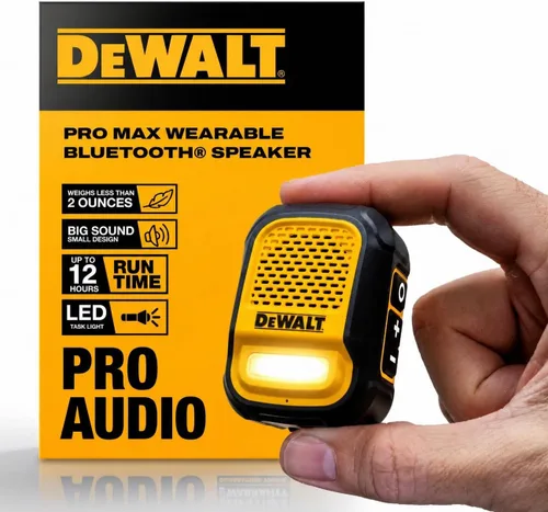 Miniatura 10 de DEWALT Altavoz Bluetooth Portátil Vestible [Edición Onyx - Negro] Altavoz Portátil Inalámbrico con Clip para Sitio de Trabajo Pro Resistente al Agua