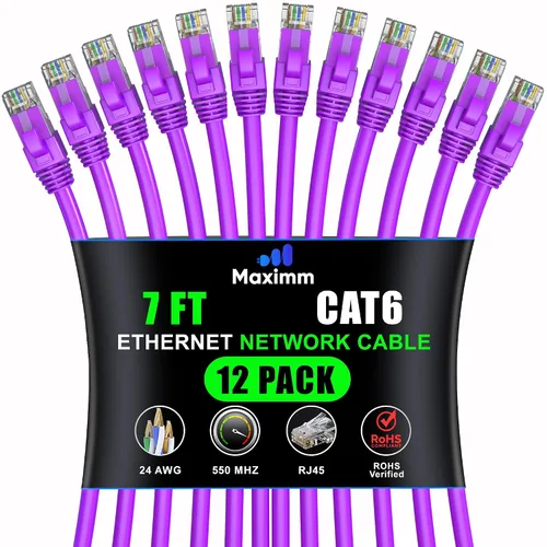 Miniatura 50 de Maximm Cable Ethernet Cat 6 – 7 pies (paquete de 12), LAN de alta velocidad, Internet, parche y cable de red, UTP, 10 Gbps, 550 MHz, color azul