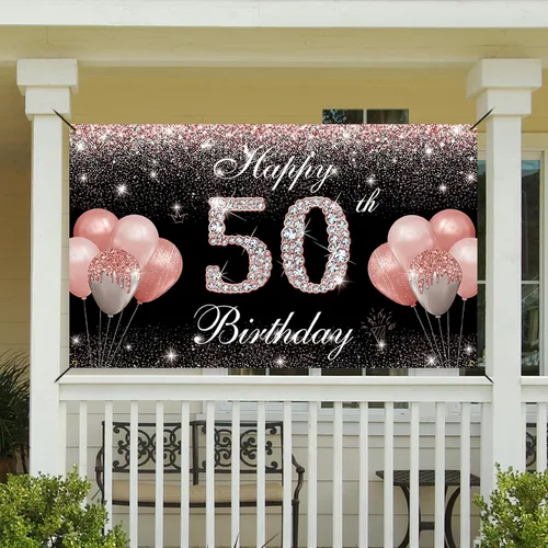 Miniatura 6 de Fondo de pancarta de cumpleaños 50, decoraciones de feliz cumpleaños 50 para mujer, oro rosa, fabuloso cumpleaños de 50 años, letrero de patio