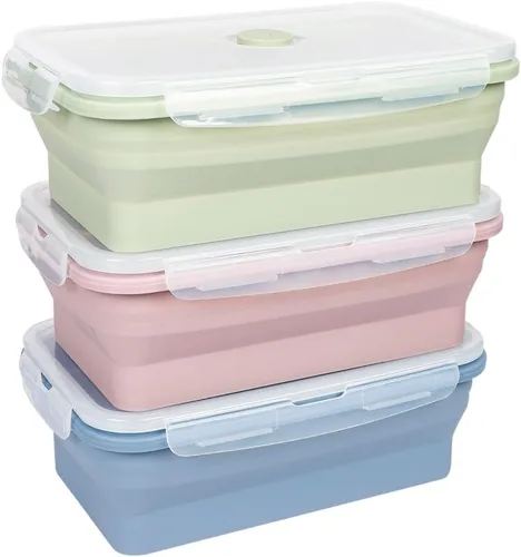 Miniatura 9 de KIGI Paquete de 3: recipientes plegables de silicona para almacenamiento de alimentos de 18.3 onzas con tapas, recipientes para preparación