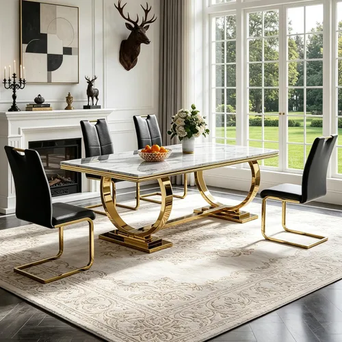 Miniatura 29 de 5 Piece Black Marble Dining Table Set for 4, Modern Faux Marble Kitchen Dining Room Tables with 4 Leather Chairs Set, 68.11" Luxury Rectangular