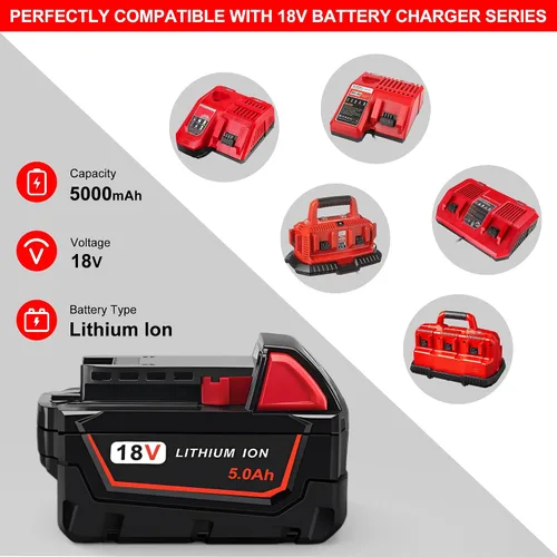 Miniatura 4 de Worthmah Paquete de 2 baterías de 5.0Ah 18V y cargador de repuesto para batería Milwaukee M18 48-11-1850, compatible con cargador de batería m18