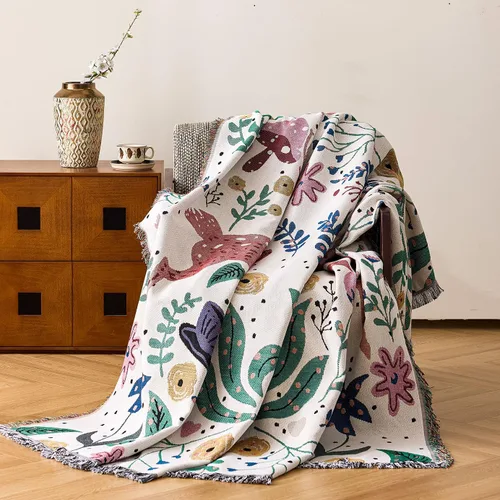 VANJOROY Cobija fina bohemia, 100% algodón tejido a mano sudoccidental con decoración floral de granja reversible, cobija para todas las estaciones