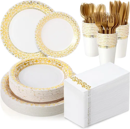 Miniatura 10 de Juego de 350 platos desechables de plástico negro y dorado para fiesta de graduación para 50 invitados, cubiertos de 9 pulgadas, platos de postre