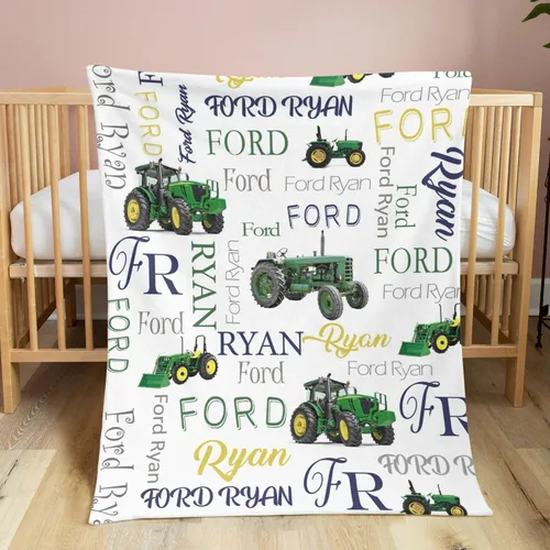 Miniatura 4 de Manta de bebé personalizada con tractor de granja, manta personalizada con nombre de doble capa, manta de felpa suave con respaldo punteado, manta