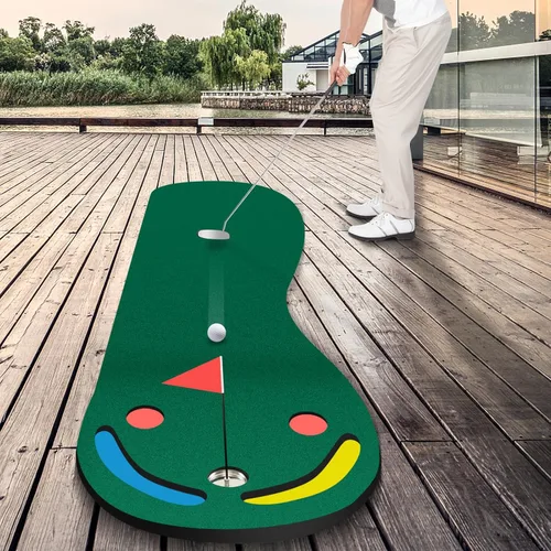 Miniatura 7 de Tangkula Alfombra de golf verde de 10 pies x 3 pies, tapete de golf para práctica en interiores y exteriores con 1 bandera, 3 tazas de putting
