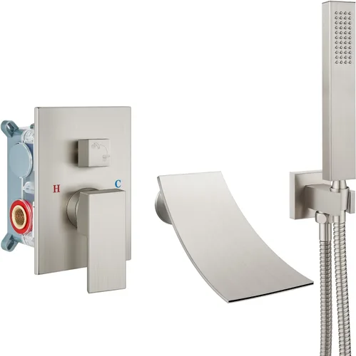 Airuida Grifo de bañera de montaje en pared con boquilla de cascada, grifo de bañera montado en la pared con ducha de mano de una sola manija, juego