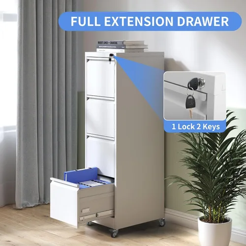 Miniatura 5 de Archivador de 4 cajones con ruedas, archivador de metal con cerradura y ruedas, almacenamiento rodante para oficina en casa, archivadores verticales