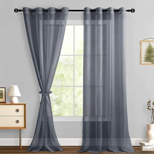 Miniatura 149 de Hiasan - Cortinas traslúcidas de gasa cortas semitransparentes con ojales y alzapaños filtrantes de luz para ventana, dormitorio, baño, 2 paneles