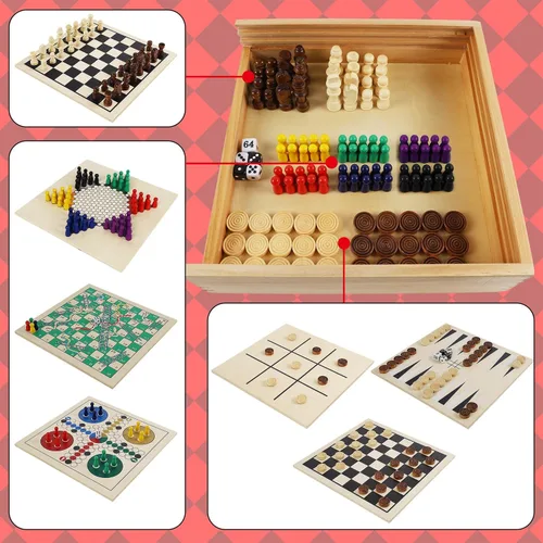 Miniatura 3 de Juegoal Juego de mesa de madera 7 en 1 para niños y adultos, juego de mesa clásico de viaje portátil