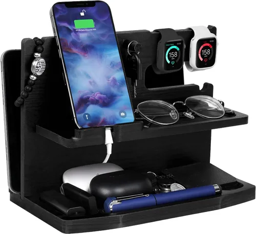 Miniatura 9 de Regalos para hombres Estación de carga 3 en 1 Compatible con estación de carga iPhone 16, organizador de mesa de noche de madera, perfecto