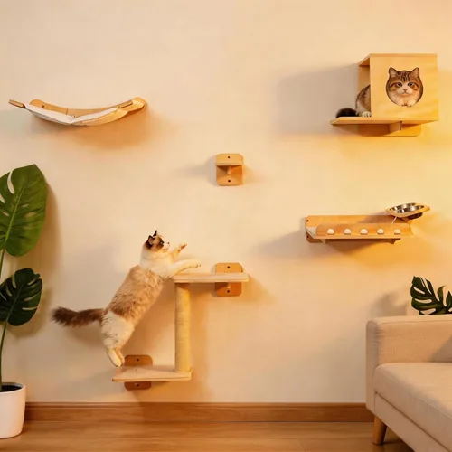 Estantes de pared 5 en 1 para gatos de interior, muebles de gato montados en la pared con estación de alimentación y hamaca extra ancha, escalador