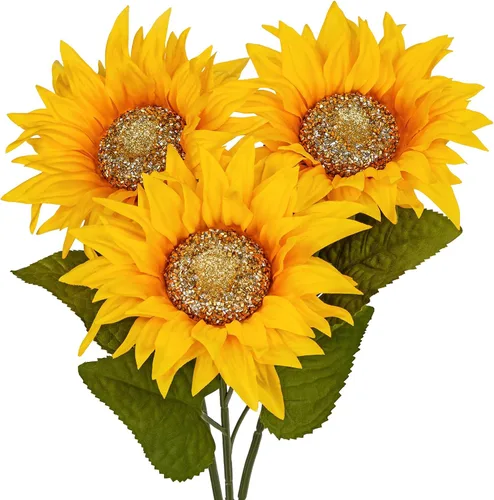 Miniatura 9 de Girasoles artificiales grandes de 9 pulgadas, flores artificiales de tallo largo de 33 pulgadas de alto, girasoles de seda gigantes con tallo