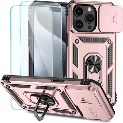 Miniatura 18 de SunStory Funda compatible con iPhone 15 con protector de pantalla HD, cubierta de cámara deslizante y soporte de anillo giratorio, [grado militar]