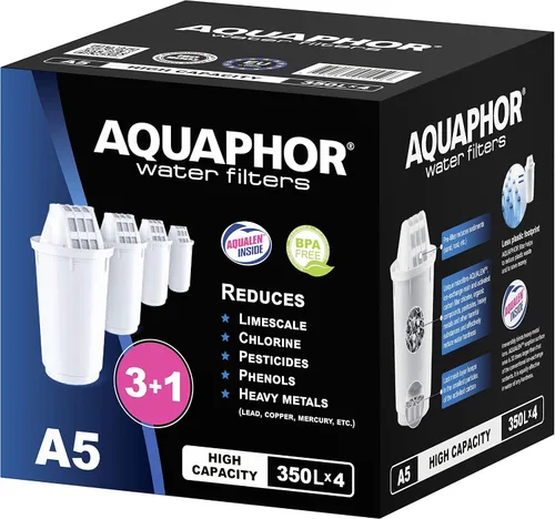 Miniatura 2 de AQUAPHOR Cartucho de filtro A5 Pack 3+1 Filtros de cal, cloro, metales pesados 350L de agua clara Tecnología AQUALEN para un mejor sabor