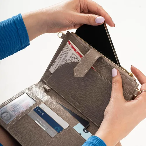 Miniatura 3 de Cartera de cuero genuino para mujer con protección RFID, cartera plegable para teléfono celular, con cremallera, diseño delgado, con múltiples