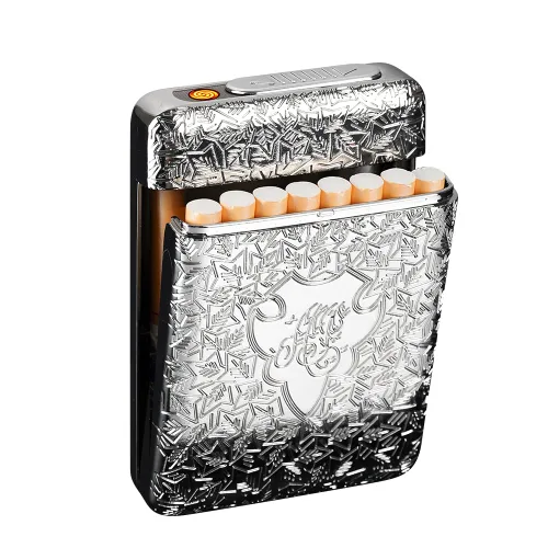 Miniatura 3 de Funda para cigarrillos con encendedor USB 16 piezas 84mm Cigarrillos eléctricos recargables sin llama resistentes al viento tamaño Regular/King Negro