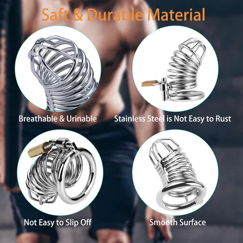 Miniatura 3 de Jaula para el pene con dispositivos de castidad masculina, juguete sexual de jaula con cerradura, jaula de castidad de metal grande con 3 anillos