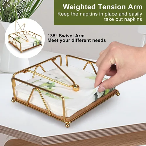 Miniatura 3 de Servilletero dorado moderno para mesa con brazo pesado, servilletero plano de metal cuadrado para servilletas de granja, bandeja rústica