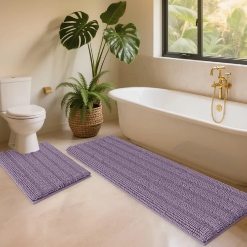 Miniatura 17 de ACCUMTEK - Juego de alfombras de baño a rayas beige de 3 piezas, ultrasuaves, antideslizantes de chenilla, alfombras de baño mullidas y absorbentes