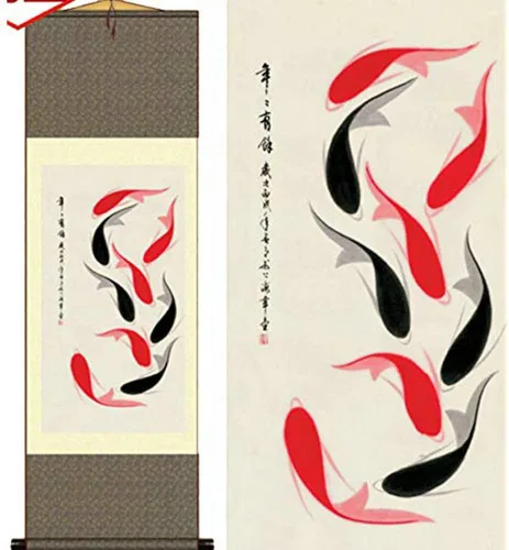 AtfArt Decoración asiática de pared, hermoso pergamino de seda, pintura con año de peces, carpa roja y negra, decoración oriental, arte chino, J02