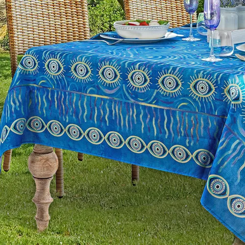 Home Bargains Plus Mantel rectangular de tela de medallón mediterráneo azul de 52 x 70 pulgadas, patrón de islas griegas costeras, resistente a las