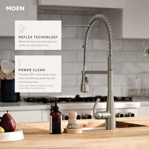 Miniatura 2 de Grifo de cocina Moen Essie cromado de una manija con arco alto y rociador extraíble con resorte de preenjuague con Power Clean, 87814