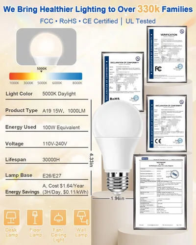 Miniatura 6 de Neporal Bombilla de espectro completo de 15W LED=100W, luz diurna libre de parpadeo de 5000K, sin UV y con alto CRI y luz natural que cuida los ojos