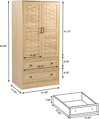 Miniatura 2 de LEVNARY Armario con 2 puertas tejidas, armario con 2 cajones de almacenamiento y riel para colgar, armario de madera independiente para dormitorio