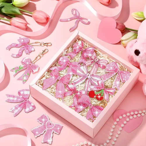 Miniatura 5 de Siifert 15 llaveros de arte de diamantes con lazo rosa, regalos de fiesta de coqueta, lazo rosa 5D, adornos colgantes de Navidad, kit de llaveros