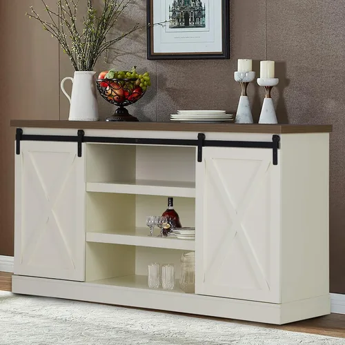 Miniatura 9 de Sophia & William Gabinete de barra de café para cocina, armario de almacenamiento de buffet con puerta corrediza de granero, 31.9 pulgadas de Roble