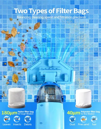 Miniatura 5 de KimPump - Aspiradora inalámbrica de piscina con 4 bolsas de filtro, adecuada para filtración de impurezas ultrafina, aspiradora de mano de 20.5 GPM