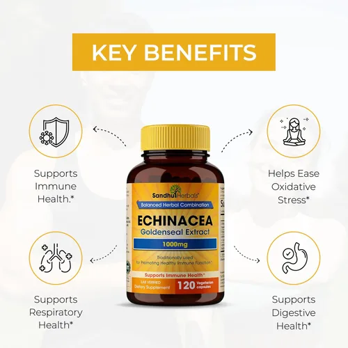 Miniatura 4 de SANDHUHERBALS Echinacea Goldenseal 1000 mg 120 cápsulas Apoyo del sistema inmunológico Respuesta respiratoria Suplemento de respuesta inflamatoria