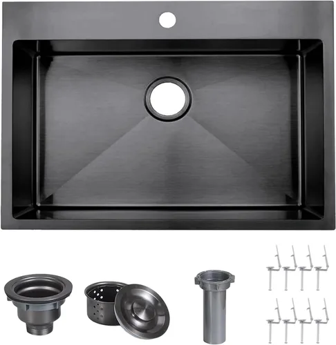 VAPSINT Fregadero de cocina negro empotrable de 28 pulgadas, fregadero de cocina de acero inoxidable calibre 16 negro metálico de montaje superior,