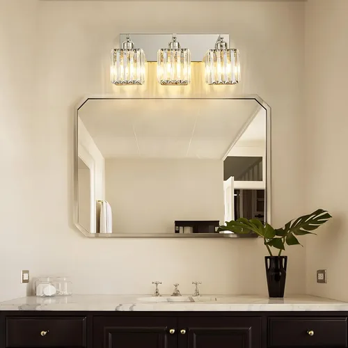Miniatura 2 de Moderna lámpara de tocador de baño de 3 luces de cristal cromado moderno sobre espejo cromado iluminación de tocador de cristal aplique de pared