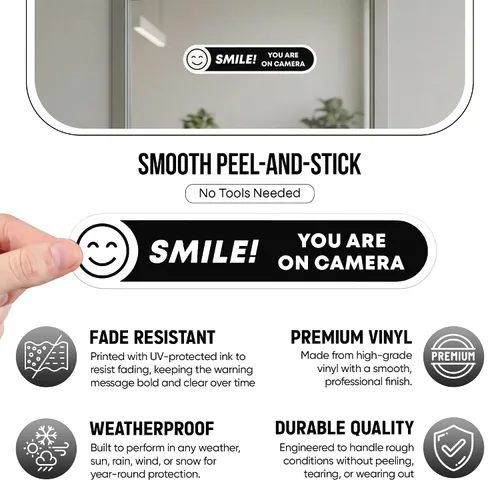 Miniatura 5 de Calcomanías para cámara Smile You're On (8 piezas) – Adhesivo fuerte, resistente al agua, letreros de «You are on» Tamaño 5 x 1 pulgadas. Adhesivos