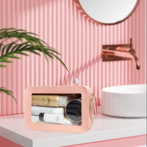 Miniatura 5 de Bolsa de maquillaje transparente pequeña, aprobada por la TSA, bolsa de aseo portátil con cremallera, bolsa de viaje para cosméticos, estuche Rosa