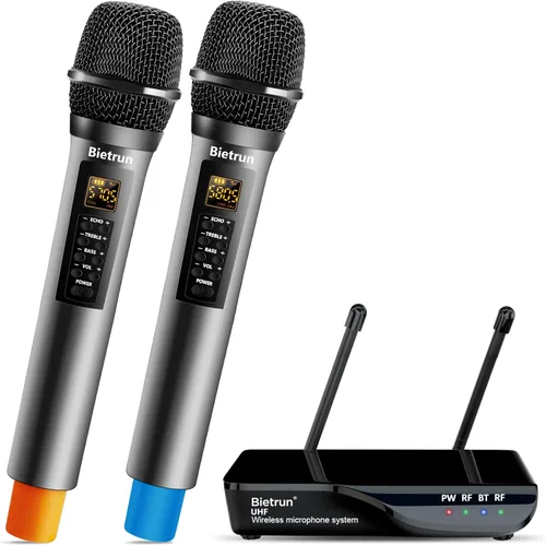 Micrófono inalámbrico Bietrun con eco/agudos/graves, rango UHF de 160 pies, sistema de micrófono dinámico de mano inalámbrico doble UHF para karaoke