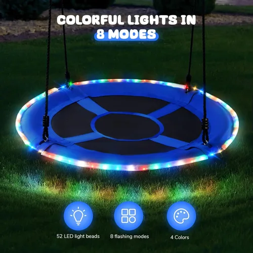 Miniatura 2 de Trekassy Columpio de árbol de platillo de 40 pulgadas con luces LED para niños y adultos, al aire libre, 2 correas para colgar en árboles, color azul