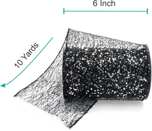 Miniatura 2 de Cinta con alambre de malla brillante con purpurina de 6 x 10 yardas, color negro para decoración del hogar, lazo para envolver regalos
