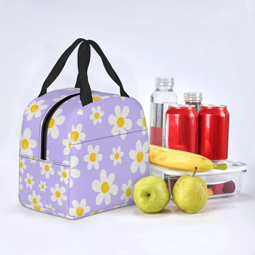 Miniatura 7 de Bolsa de almuerzo con diseño de margaritas blancas, color morado, aislante, reutilizable, contenedor portátil para comidas, para mujeres, cajas