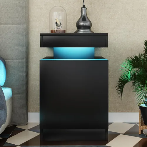Miniatura 7 de oneinmil Juego de 2 mesitas de noche con luces LED, mesita de noche con armario de almacenamiento para dormitorio, mesita de noche con LED