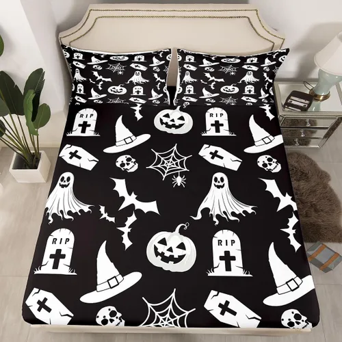 Miniatura 26 de Juego de ropa de cama de Halloween con patrón de sombras kawaii, sábana bajera tamaño queen, decoraciones de calabaza, luces de calabaza góticas