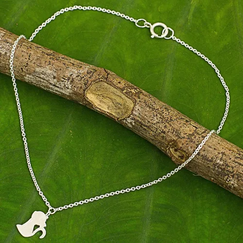 Miniatura 3 de NOVICA . Tobillera de plata de ley 925, 9.75 pulgadas 'Kitty Cat Charm', Plata de ley