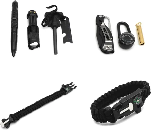 Miniatura 9 de HongK - Equipo al aire libre Survival Kit 8 en 1 Herramientas de emergencia plegables portátiles militares Camping táctico al aire libre Desastre