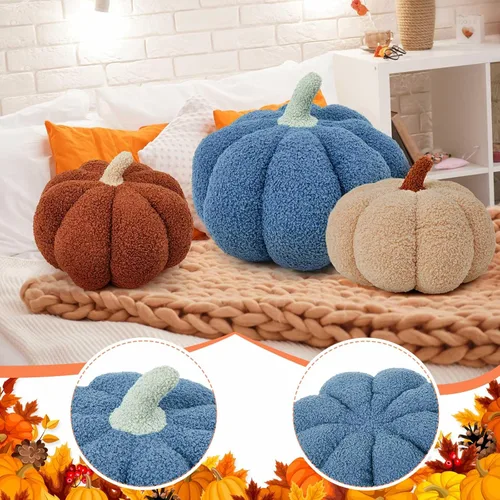Miniatura 6 de Juexica 3 almohadas de calabaza de peluche esponjosas en 3D con forma de calabaza decoración de otoño, Acción de Gracias, Halloween, cojín de marrón