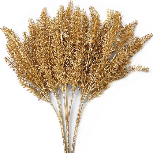 Miniatura 32 de CATTREE Plantas artificiales para decoración de Navidad, hierba de plástico dorado, hojas falsas, arbustos de simulación para interiores y Hojas