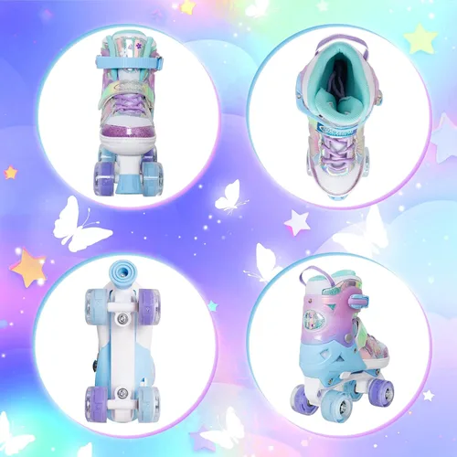Miniatura 4 de Nattork Patines de Ruedas para Niñas y Niños, Patines Cuádruples de 4 Tamaños Ajustables con Diseño de Mariposa y Flor con Todas las Ruedas Púrpura