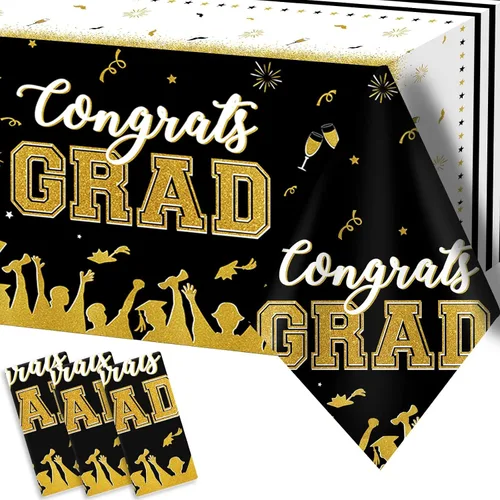 chiazllta Juego de 3 manteles de graduación de la clase de 2026 con texto en inglés "Congrats Grad", color negro, decoración de fiesta, suministros