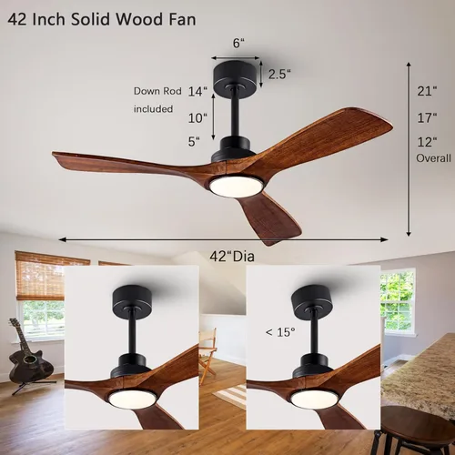 Miniatura 2 de QUTWOB Ventilador de techo de madera de 42 pulgadas con control remoto de luces, motor CC silencioso de 3 aspas para patio, sala de estar, Cuerpo